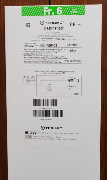 Terumo RSP03 PINNACLE® DESTINATION® Guiding Sheath 6Fr, 65cm x 35cm, Valve Type Tuohy-Borst, Curve Style Straight. Price of each