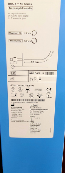St. Jude Medical G407212 BRK-1 Transseptal needle, XS Serie, 98 cm, Adult, Curve Type BRK-1™ XS, Max OD 1.3mm, Min. ID .50mm. Box of 01