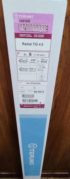 Terumo 40-5012, RH* 5TIG210A Radifocus ® Optitorque ® - Angiographic Catheter Radial TIG 4.5, 5Fr. Box of 5