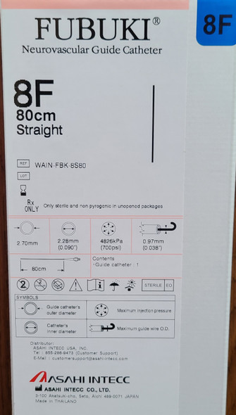 WAIN-FBK-8S80 ASAHI FUBUKI Neurovascular Guide Catheter 8Fr, Length 80cm, Hydrophilic Coating 5cm, Straight Tip, Box of 01