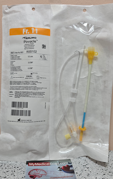 Terumo RSS102 Pinnacle Introducer Sheath 11Fr x 10cm, include 2.5 cm dilator protruding with 0.038" mini guidewire, Box of 10