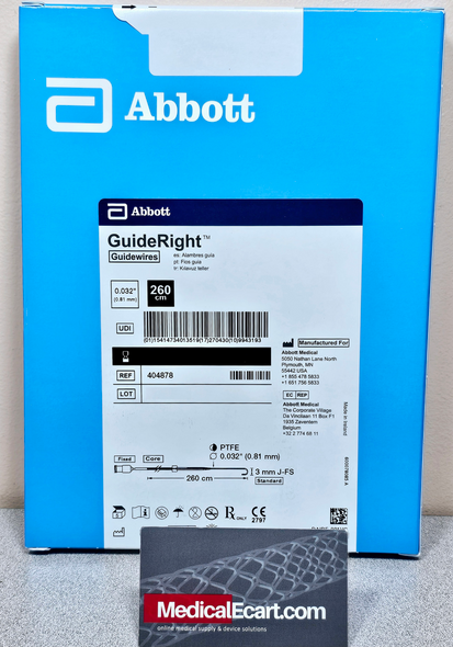 Abbott 404878 GuideRight™ Guidewire 0.032in x 260cm, 3mm Standard Exchange, “J”, Box of 05
