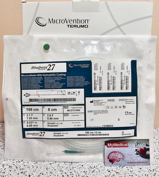 Terumo Neuro MC272156S Headway 27 Microcatheter with Hydrophilic Coating, ID 0.027" , Straight tip, 156cm X 6cm, OD Prox. 3.1Fr. , Distal 2.6Fr, 2 tip markers. Box of 01