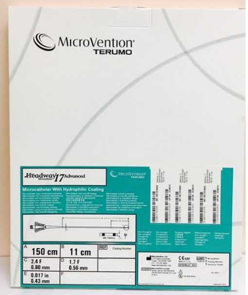 Microvention MC172150JX Headway 17 Advanced Microcatheter with Hydrophilic Coating, ID 0.017" , Pre-shaped tip J, 150cm Length, OD Prox. 2.4Fr. , Distal 1.7Fr, 2 tip markers. Box of 01
