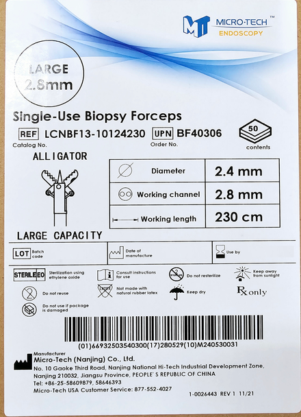 Micro-Tech BF40306 Rite Bite Twin-Wire Biopsy Forceps Endoscopy, Large Capacity Forceps with Spike, Alligator, Blue, 2.8mm X 230 cm working lenght, Box of 50