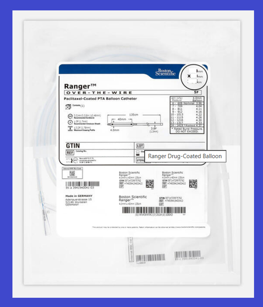 Boston Scientific, H74939419501080 Ranger™ Drug-Coated Balloon, Global DCB OTW 5.0 mm X 100 mm X 80 cm. Box of 01