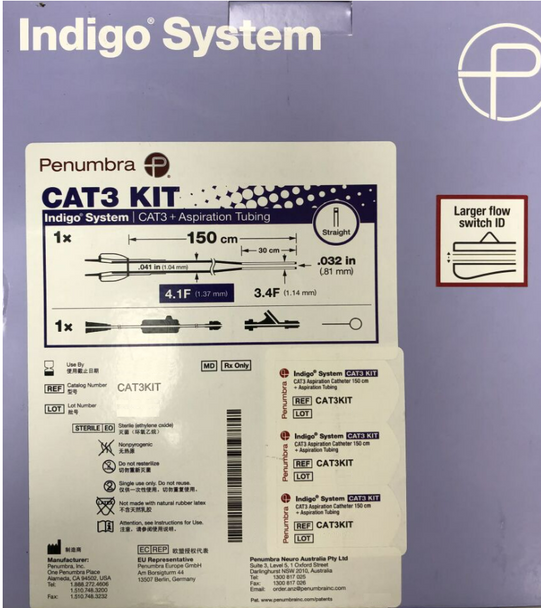 Penumbra CAT3KIT Indigo® Catheter 3, Straight Tip 150cm + Dynamic Aspiration Tubing, 4.1 Fr / 3.4 Fr. 150cm. Box of 01