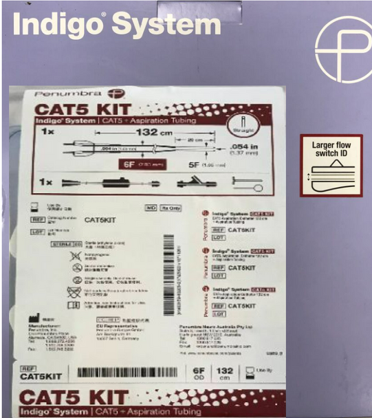 Penumbra CAT5KIT Indigo® Catheter 5, Straight Tip 132cm + Dynamic Aspiration Tubing, 6.0 Fr / 5.0 Fr. 132cm. Box of 01