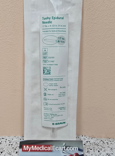 B. Braun E1745T PERIFIX® Epidural Needle 17 Ga. x 4½ in. (115 mm) Tuohy Needle - with Wings and Clear Hub, 332181, Sterile, Pack of 01