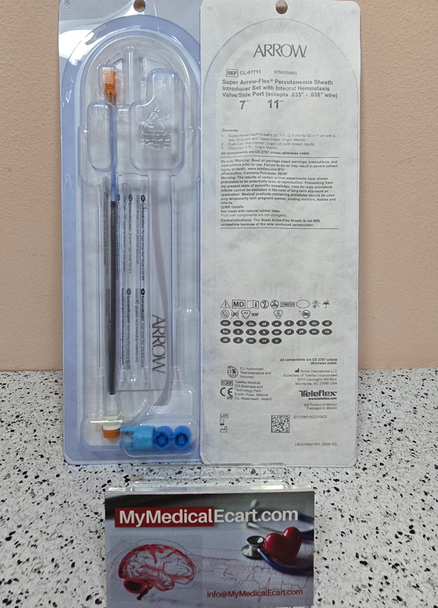 ARROW CL-07711 Super Arrow-Flex sheath Introducer Set, without Wire Guide, 7Fr. x 11cm, with Integral Side Port /Hemostasis Valve and attached 3-Way Stopcock, Box of 10