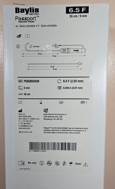 Baylis PSS0655509 Passport® Steerable Sheath, 6.5 F X 55 cm Length, Usable Dilator Length 73 cm; Curve Bend 9 mm. Box of 01
