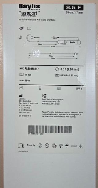 Baylis PSS0855517 Passport® Steerable Sheath, 8.5 F X 55 cm Length, Usable Dilator Length 73 cm; Curve Bend 17 mm. Box of 01
