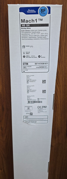Boston Scientific H749343581410 MACH 1™ Guide Catheter HS SH (Hockey Stick) 8F (2.7mm), ID 0.091in X 100 cm Shaft Length, 2 Side Holes. Box of 01
