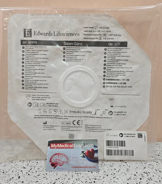 831F75P Edwards Lifesciences Swan-Ganz VIP Thermodilution VIP 7.5F, 110cm, 3 Lumen Infusion Catheter. Case of 5
