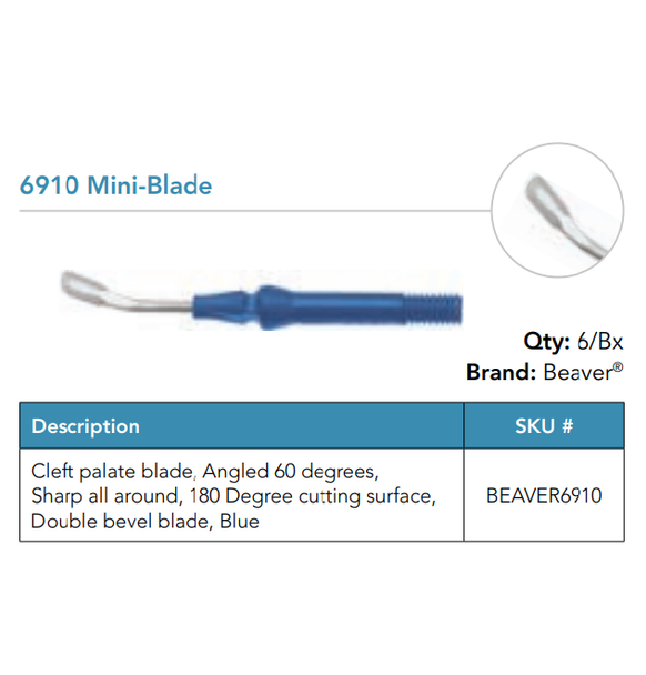 Visitec BEAVER6910 Grindless Beaver® Mini-Blades, Cleft palate blade, Angled 60 degrees, Sharp all around, 180 Degree cutting surface, Double bevel blade, Blue, Box of 06