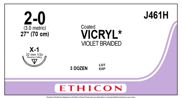 Ethicon J461H COATED VICRYL® (polyglactin 910) Suture, Reverse Cutting, Absorbable, X-1 22mm ½ Circle, Violet Braided 27" = 70cm, Size: 2-0, Box of 36