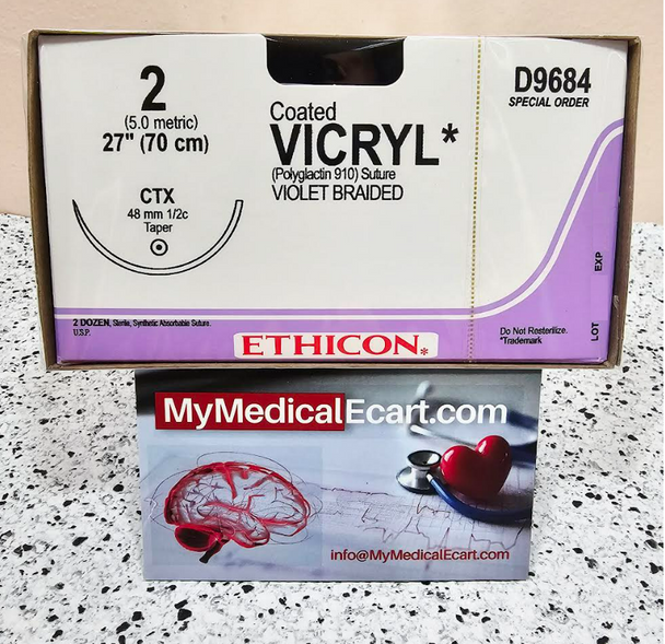Ethicon D9684 COATED VICRYL® (polyglactin 910) Suture, Taper point, Absorbable, CTX 48mm ½ Circle, Violet Braided 27" = 70cm, Size: 2, Box of 24