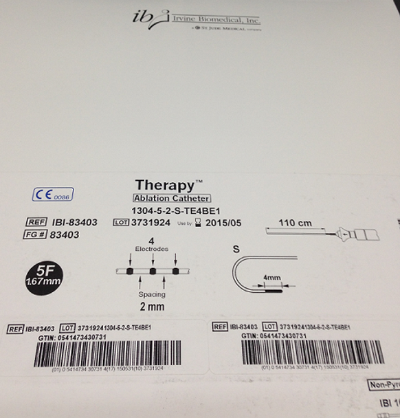 St. Jude Medical IBI-83403 Therapy™ Ablation Catheters, 1304-5-2-S-TE4BE1, 5Fr, 4 mm Tip Thermocouple, Quadripolar , Curve Type Small, Usable Length: 110cm, Box of 01