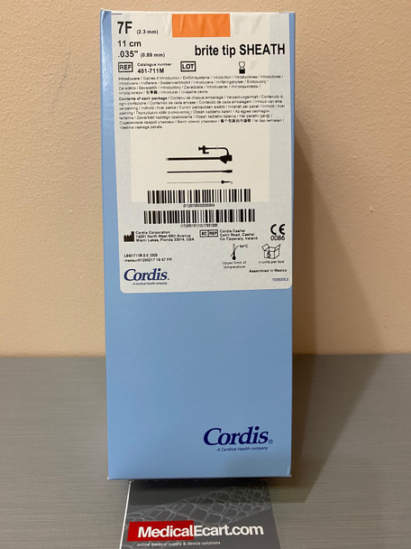 Cordis 401-711M BRITE TIP® Catheter Sheath Introducer, 401711M, with Mini-Guidewire, Fuschia, 0.035IN, 11CM Cannula, 7FR, Box of 5
