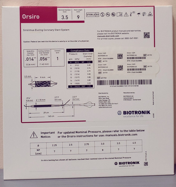 BIOTRONIK 401733 Orsiro Sirolimus Eluting Coronary Stent System 3.5 mm x 9 mm, Box of 01