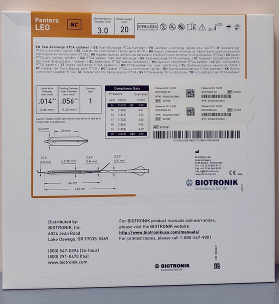 BIOTRONIK 367028 Pantera LEO Fast-Exchange PTCA Catheter 3.0 mm x 20 mm, Box of 01