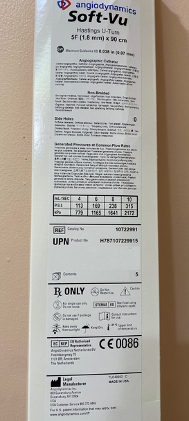 Angiodynamics 10722991, Soft-Vu Angiographic Catheters H787107229915 5F / 90 cm / .038", Hastings U-Turn, Soft Radiopaque Tip. Box of 05 (10722991)