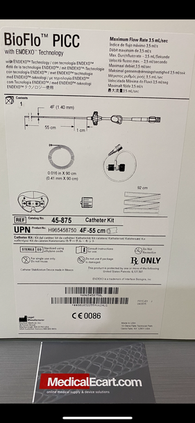 Angiodynamics 45-875 BioFlo PICC H965458750 with Endexo Technology, 4FR SL-55cm Catheter Kit Non-Valved. Box of 01