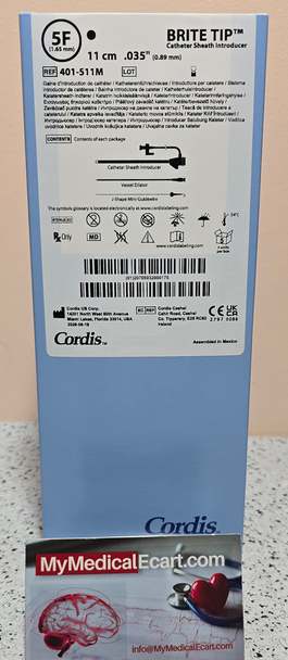 Cordis 401-511M BRITE TIP® Catheter Sheath Introducer, 401511M, with Mini-Guidewire, Fuschia, 0.035IN, 11CM Cannula, 5FR, Box of 5