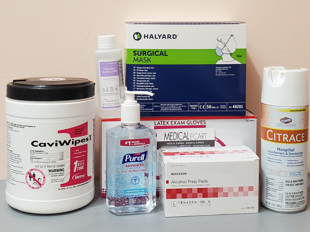 PPE coronavirus COVID-19 Essentials Kit PEK COVID-19, with Surgical Mask Tie Closure,  One Size Fits Most Blue 01 box of 50; 01 bottle Purell Hand Sanitizer 12 fl oz;  Medical Disinfectant CaviWipes 01 can of 160 wipes; Alcohol Prep Pads  01 box of 200 Packets;  Gloves Exam Latex, Medium, 01 box of 100 gloves; Isopropyl Alcohol 70%, 01 bottle of 4 fl 0z; Surface Disinfectant / Deodorizer Clorox Healthcare® Citrace®  Aerosol Spray Citrus Scent, 01 can of 14 oz. (C19PEK3)