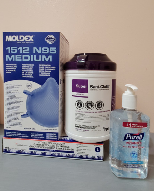 Essentials Kit PEK COVID-19, with Surgical Mask Moldex® 1512, Medical N95, box of 20; Purell Hand Sanitizer 12 oz; Super Sani-Cloth® Germicidal Disposable Wipes, 01 Canister; Exam Gloves Large, box of 100 (C19PEK8)