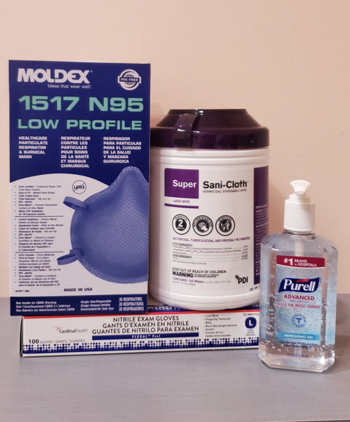 Essentials Kit PEK COVID-19, with Surgical Mask Moldex® 1517 Medical N95, box of 20; Purell Hand Sanitizer 12 oz; Super Sani-Cloth® Germicidal Disposable Wipes, 01 Canister; Exam Gloves Large, box of 100