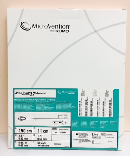 Terumo Neuro MC172150SX Headway 17 Advanced Microcatheter with Hydrophilic Coating, ID 0.017" , Straight tip, 150cm X 11cm, OD Prox. 2.4Fr. , Distal 1.7Fr, 2 tip markers. Box of 01