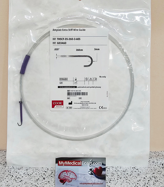 Cook G03460 Amplatz Extra-Stiff Support Wire Guide, THSCF-35-260-3-AES, .035" x 260cm, 3 mm J-Curve PTFE-Coated Stainless Steel. Box of 05