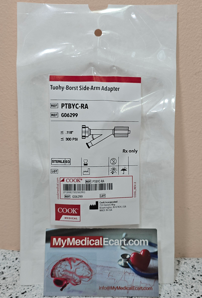 Cook Medical G06299, TUOHY-BORST LARGE BORE CLEAR PLASTIC SIDEARM ADAPTER, PTBYC-RA, Accepts Device Diam .014 thru .118 inch; Accepts Catheter Fr. Size less than or equal to 9 Fr. Pack of 10