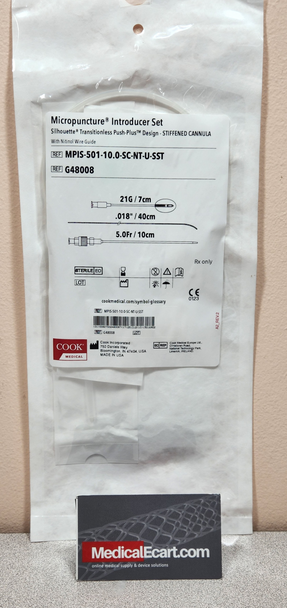 Cook Medical G48008, Introducer Access Set Micropuncture® 5 Fr. X 10 cm Length Outer Catheter, 0.018 Fr. X 40 cm Length Wire Guide, 21 Gauge X 7 cm Length Needle. 01 Unit.