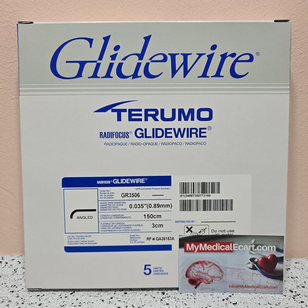 GR3506 Terumo Glidewire ® RF*GA35153A Hydrophilic Coated Guidewire for Peripheral Application Standard, angle tip, .035" diameter, 150 cm long, 3 cm flexible tip length. Box of 5