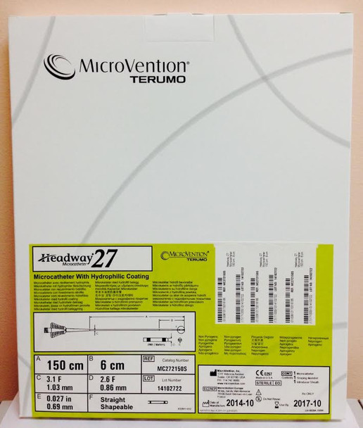 Microvention MC272150S Headway 27 Microcatheter with Hydrophilic Coating, ID 0.027" , Straight tip, 150cm X 6cm, OD Prox. 3.1Fr. , Distal 2.6Fr, 2 tip markers. Box of 01