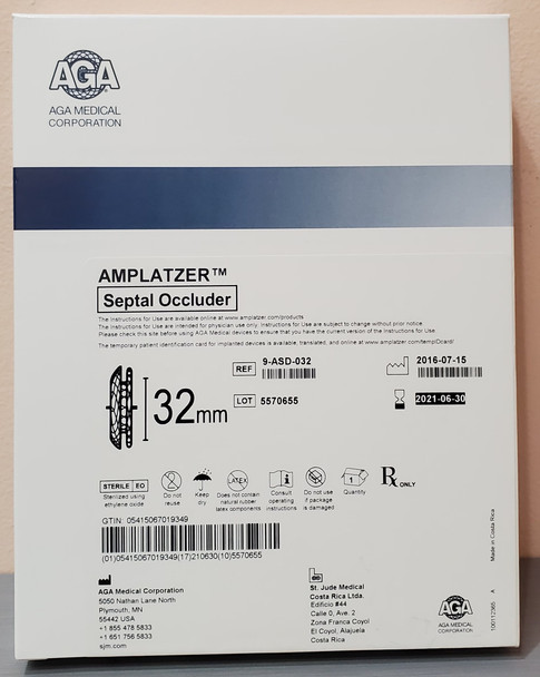SJM 9-ASD-032 Amplatzer Septal Occluder, 12F, 32m x 42mm x 46mm, 45° Curve, Box of 01