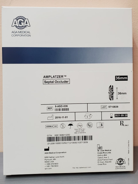 SJM 9-ASD-036 Amplatzer Septal Occluder, 12F, 36m x 46mm x 52mm, 45° Curve, Box of 01