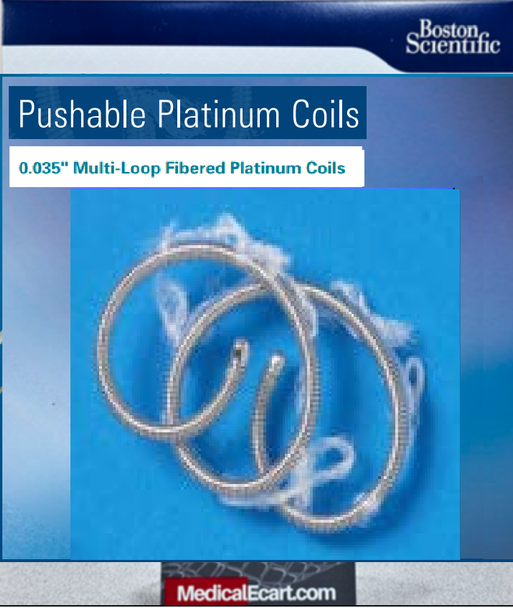 Boston Scientific 372906 Pushable 0.035" Fibered Platinum Coils, M0013729061, 0.035" Multi-Loop Fibered (2D Helical) , 9mm (Maximum Diameter), 2.7mm (Unrestrained Coil Length) X 60mm (Length in Introducer). Box of 05