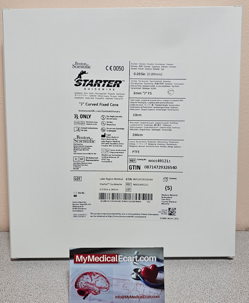 Boston Scientific M001491211 Starter™ Guidewire 49-121, J Curved Fixed Core 0.035" x 260cm, Taper 10cm. Box of 05
