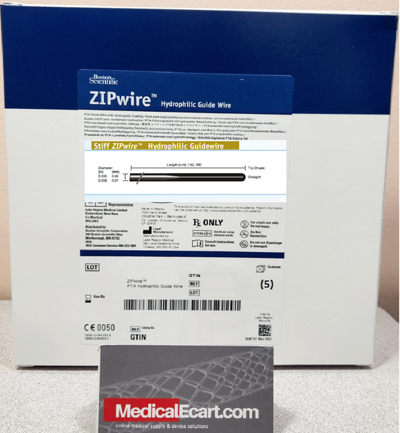 Boston Scientific M00146301B1 ZIPwire Hydrophilic Guide Wire 46-301B, Stiff Shaft, Angled, 80cm x 0.038in, Box of 05