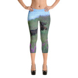 "Fireweed Moose" Young Bull Moose Fireweed Field Women's All-Over CAPRI Leggings - Katmai, Alaska