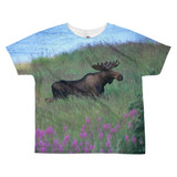 "Fireweed Moose" Young Bull Moose Fireweed Field Kid's All-Over T-Shirt - Katmai, Alaska