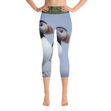 "Taking in the View" Playful Atlantic Puffins Women's All-Over YOGA Capri Leggings - One of Dennis' Secret Spots, Maine