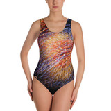"Spectacular Color" Abstract Women's One-Piece Swimsuit - 4th of July Fireworks Hudson River, New York City