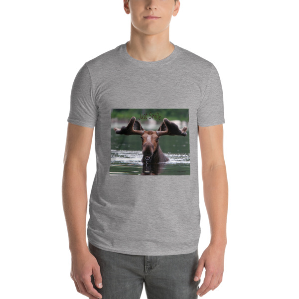 "Smiling Snacking Moose" Adult Unisex Short-Sleeve T-Shirt "Just Smile" Collection - Dennis' Secret Pond, Maine