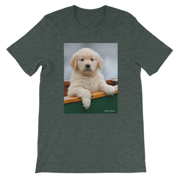 "Where's the Oar?"  Adult Unisex Short-Sleeve T-Shirt "Buddy's" Friend in Canoe Original Golden Retriever Puppy