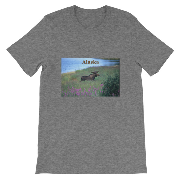 "Fireweed Moose" Young Bull Moose Fireweed Field  Adult Unisex Short-Sleeve T-Shirt - Katmai, Alaska