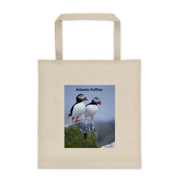 "Taking in the View" Atlantic Puffins Roomy Square Bottom Tote Bag - One of Dennis' Secret Spots, Maine